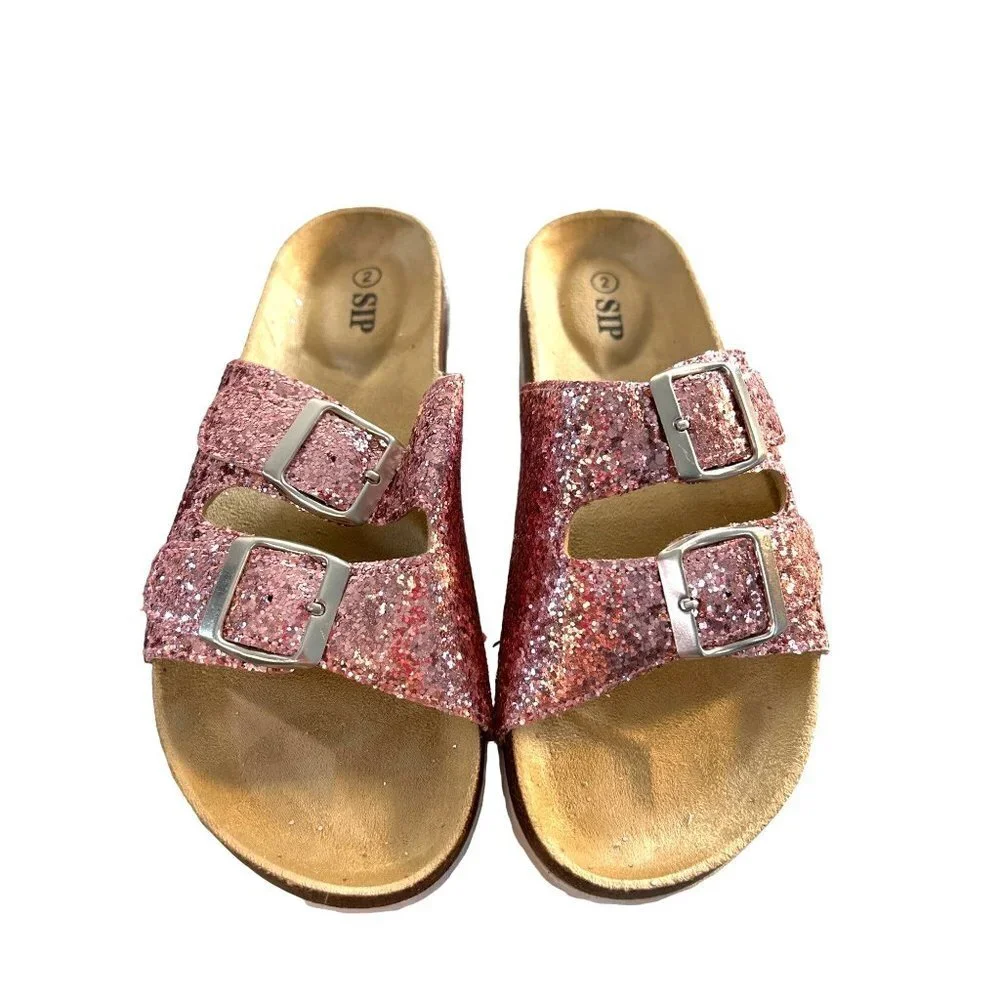 Sip Girls Slide on Sandals Pink Glitter Size 2